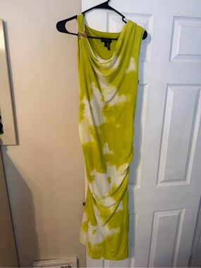 Donna Karan One-Shoulder Cowl Dress in Lime & White